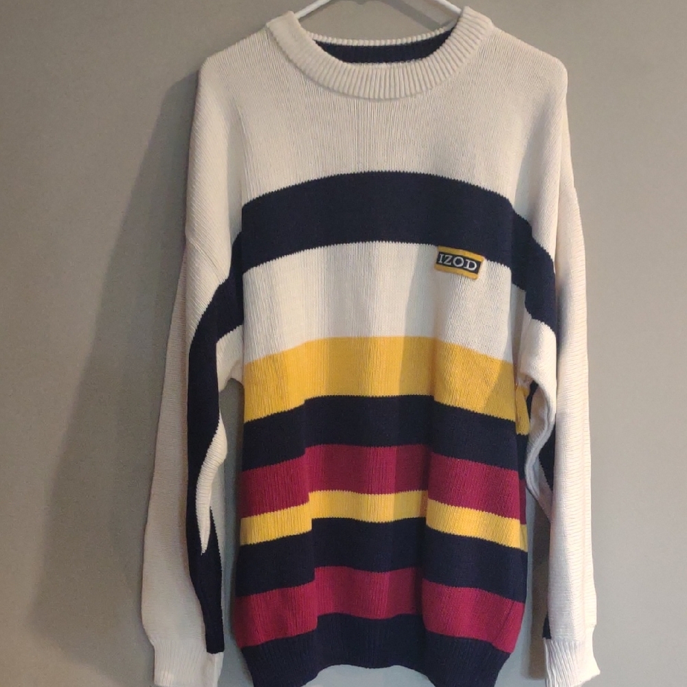 Vintage IZOD Men's large Striped Cotton Sweater- White, Yellow, Red,‎ and Blue